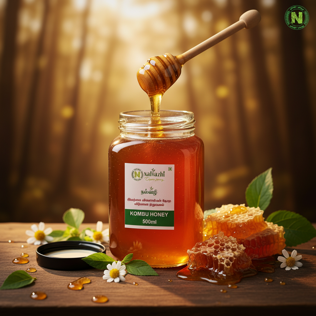 Nalvazhi Wild Forest Kombu Honey - 500ml large jar with honey dipper dripping golden honey