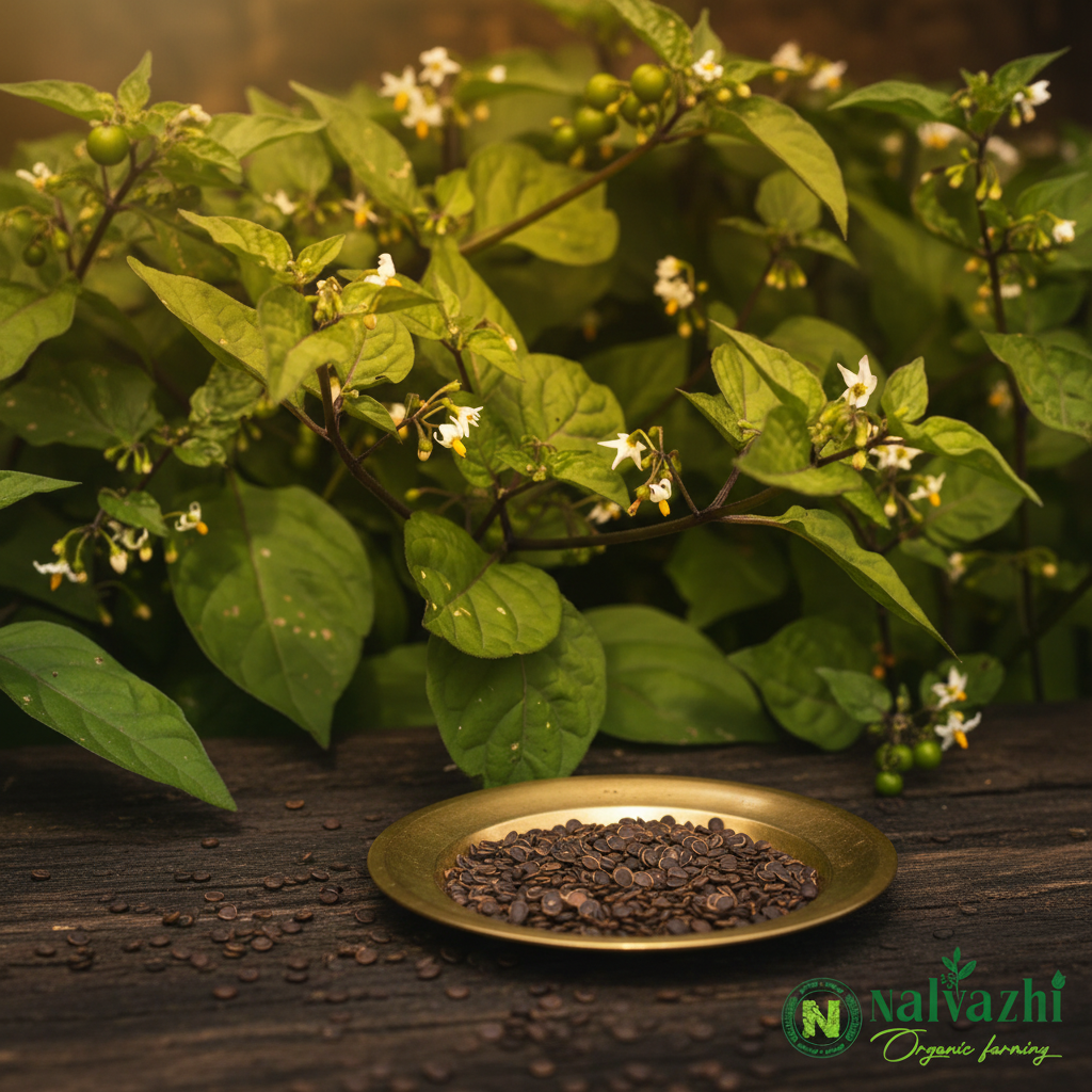 Manathakkali Keerai (Black Nightshade) with dark purple stems, white star flowers, green berries and tiny dark seeds in brass plate — Nalvazhi Organic native seeds