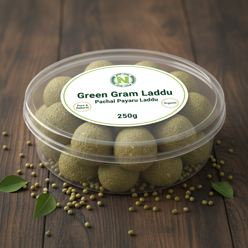 Nalvazhi Organic Green Gram Laddu 250gm in transparent round box with white label
