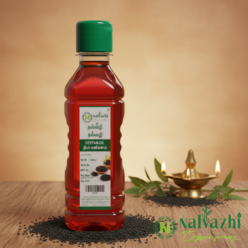 Nalvazhi Deepam Gingelly Oil bottle with black sesame seeds and traditional brass vilakku lamp