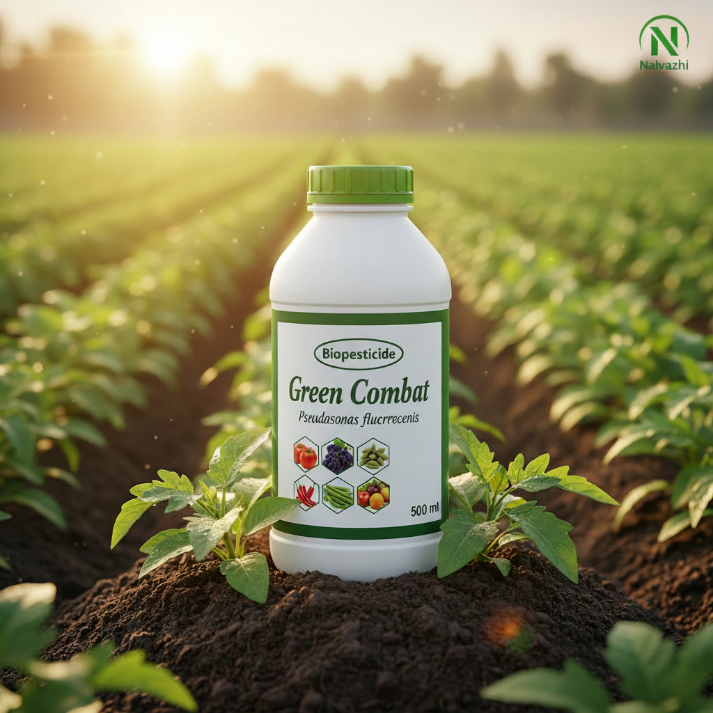 Nalvazhi Green Combat Biopesticide 500ml bottle in farm field