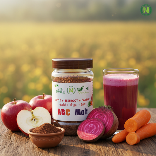 Nalvazhi ABC Malt jar with fresh apples, beetroot and carrots and creamy malt drink