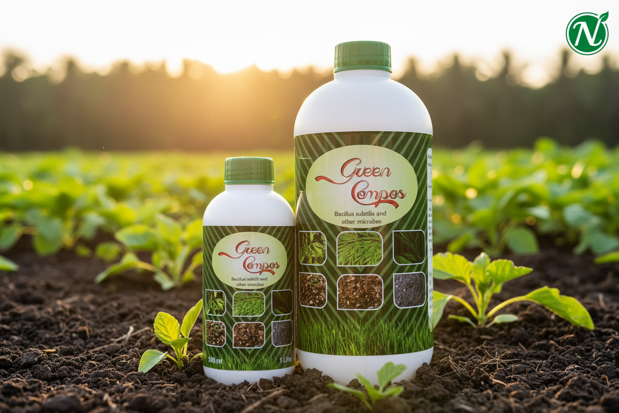 Nalvazhi Green Compos Bio Fertilizer 500ml and 1 Litre bottles together in farm field