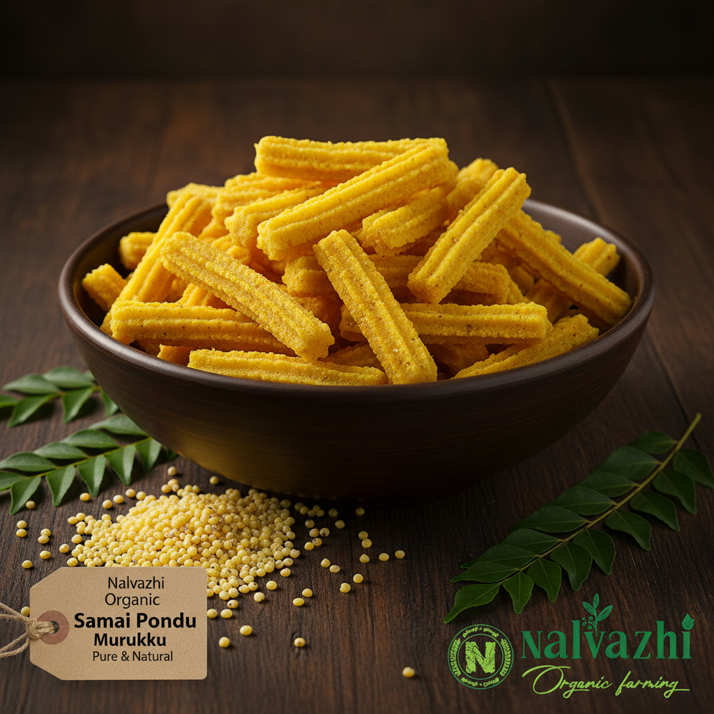 Nalvazhi Organic Samai Poondu Murukku bright yellow ridged stick murukku in dark ceramic bowl on dark wooden table