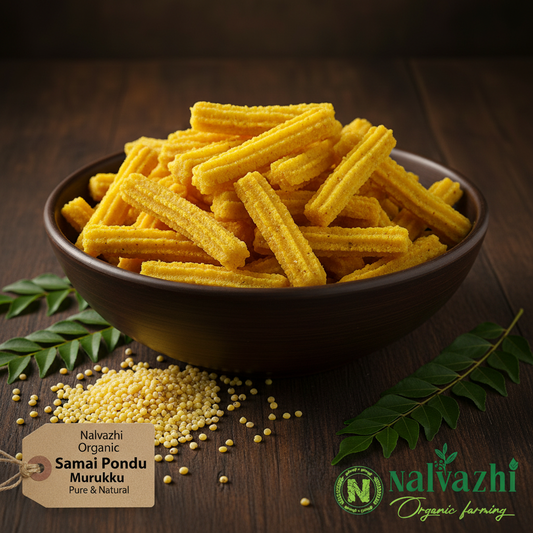 Nalvazhi Organic Samai Poondu Murukku bright yellow ridged stick murukku in dark ceramic bowl on dark wooden table