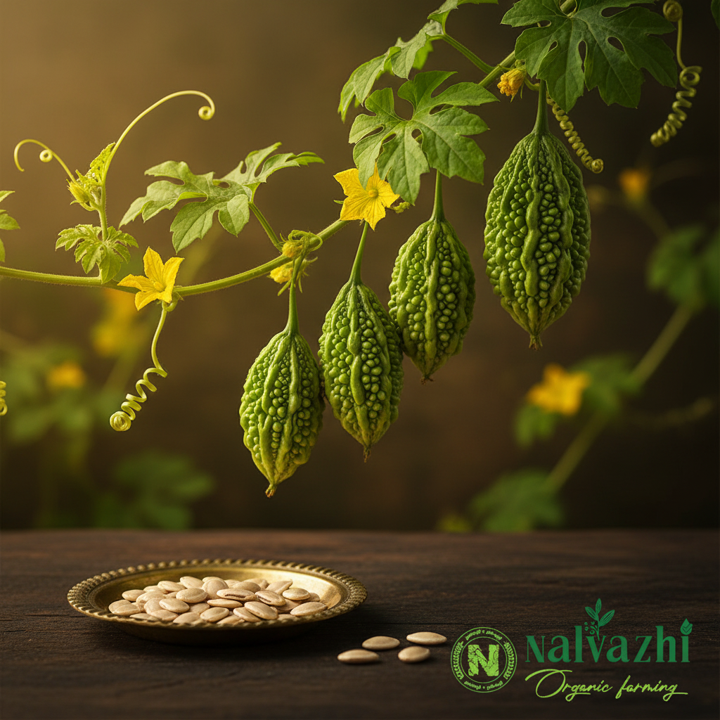 Mithi Pagal / Mini Bitter Gourd small warty green fruits on vine with yellow flowers and cream seeds in brass plate — Nalvazhi Organic native seeds