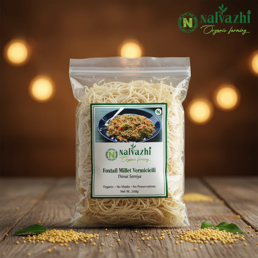 Foxtail Millet Vermicelli in clear packet with Nalvazhi branded sticker showing cooked semiya