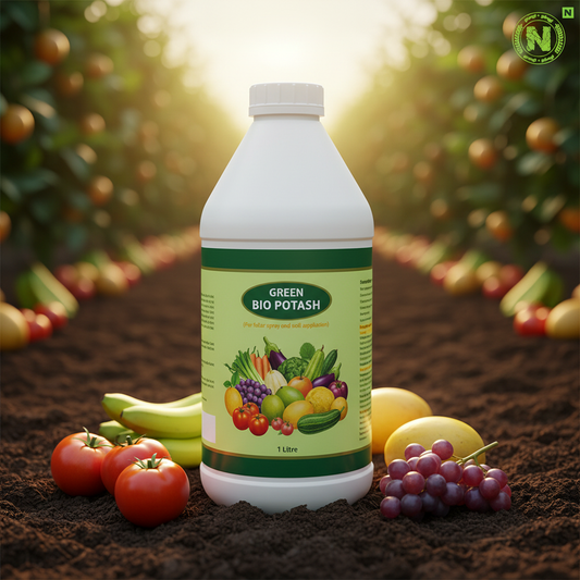 Nalvazhi Green Bio Potash Potassium Solubilising Bio Fertilizer 1 litre bottle on fertile soil with fruits and vegetables