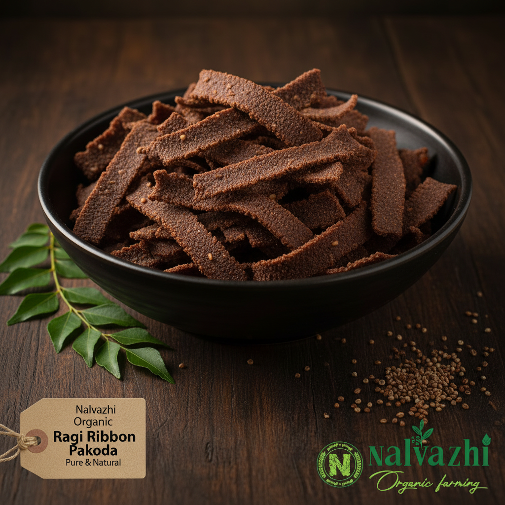 Nalvazhi Organic Ragi Ribbon Pakoda flat ribbon strip shaped dark brown finger millet murukku in dark ceramic bowl on dark wooden table