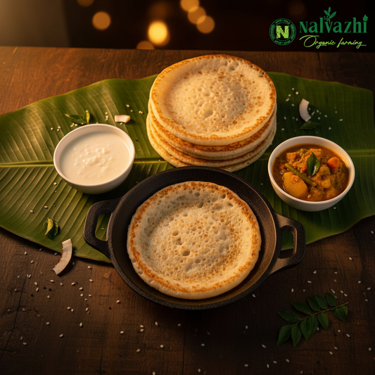 Traditional cast iron appam pan with freshly made soft fluffy appams on banana leaf with coconut milk and vegetable stew