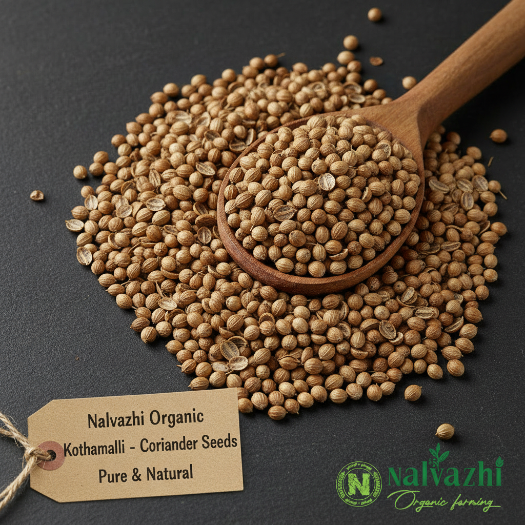 Nalvazhi Organic Kothamalli Coriander Seeds with wooden spoon on dark background