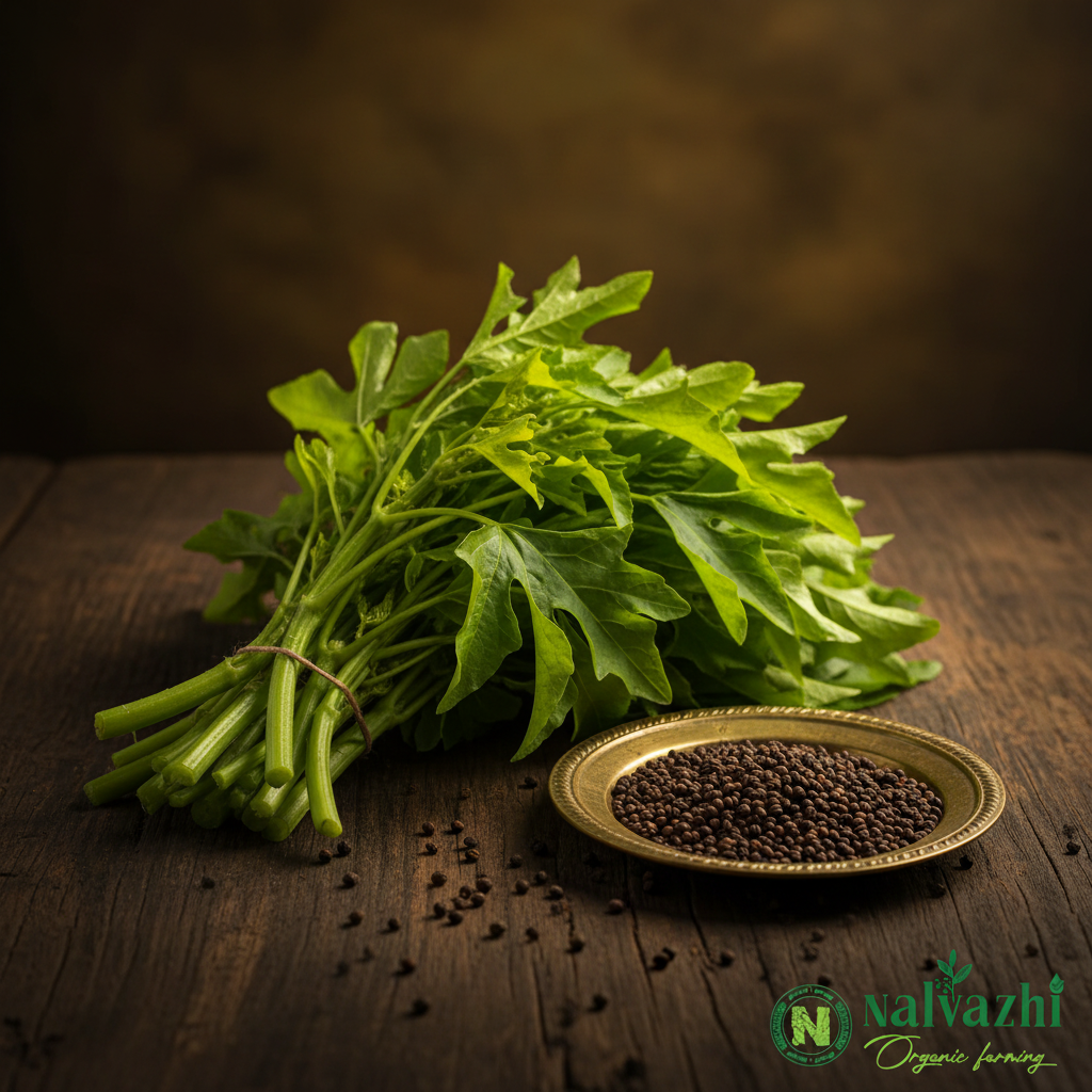 Green Pulicha Keerai (Green Sorrel / Gongura) fresh bunch with lobed green leaves and tiny dark seeds in brass plate — Nalvazhi Organic native seeds