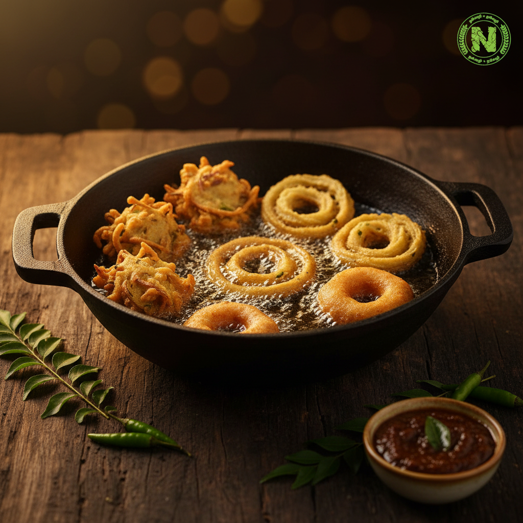 Traditional 7 inch cast iron deep frying pan with crispy pakodas, murukku and vadas, curry leaves and chutney on dark rustic wooden surface