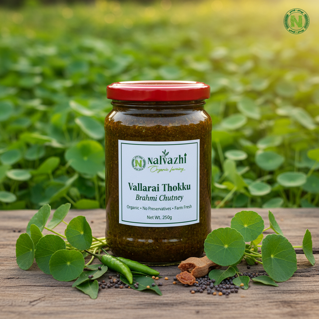 Nalvazhi Vallarai Thokku jar with fresh Centella asiatica leaves and Nalvazhi label