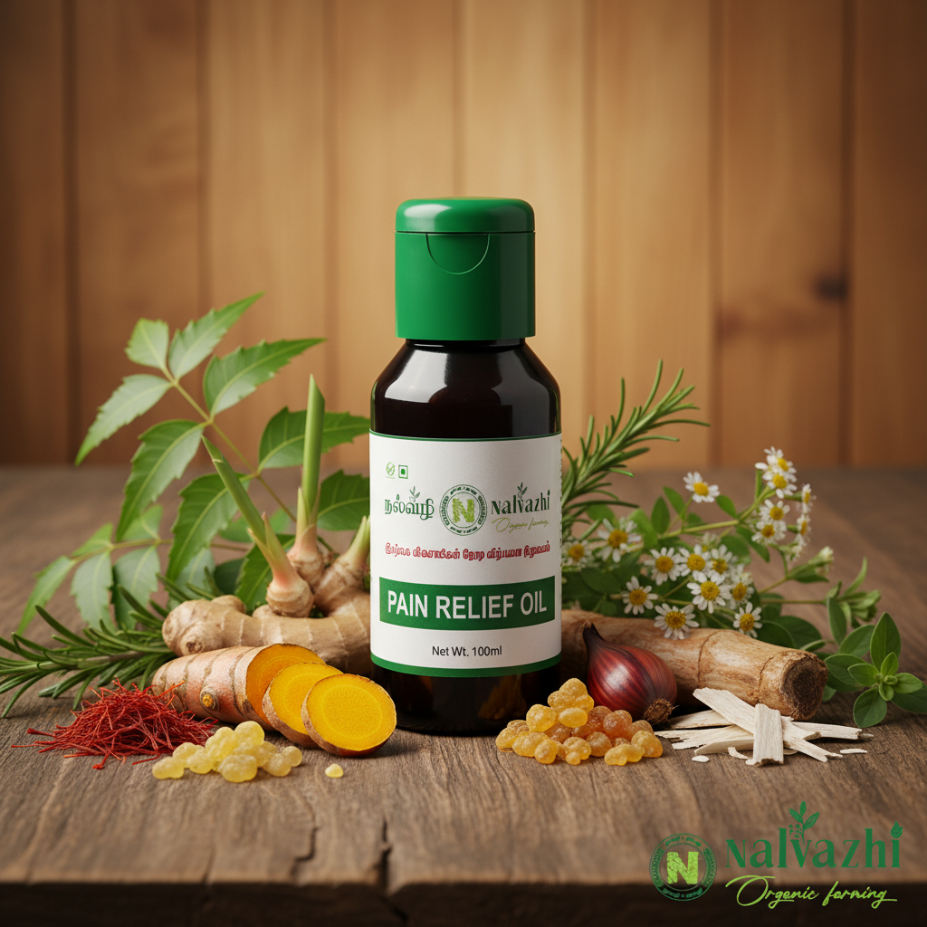 Nalvazhi Pain Relief Oil bottle with natural herbs neem ginger turmeric rosemary saffron