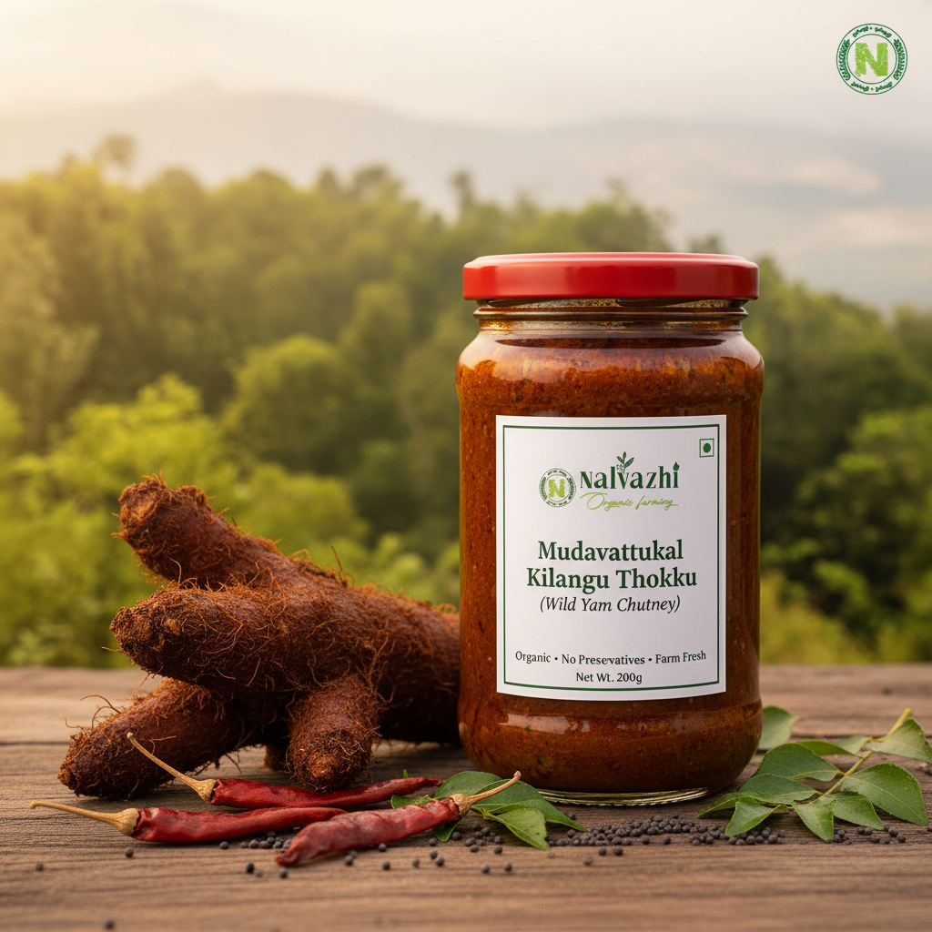 Nalvazhi Mudavattukal Kilangu Thokku jar with wild yam root and Nalvazhi label