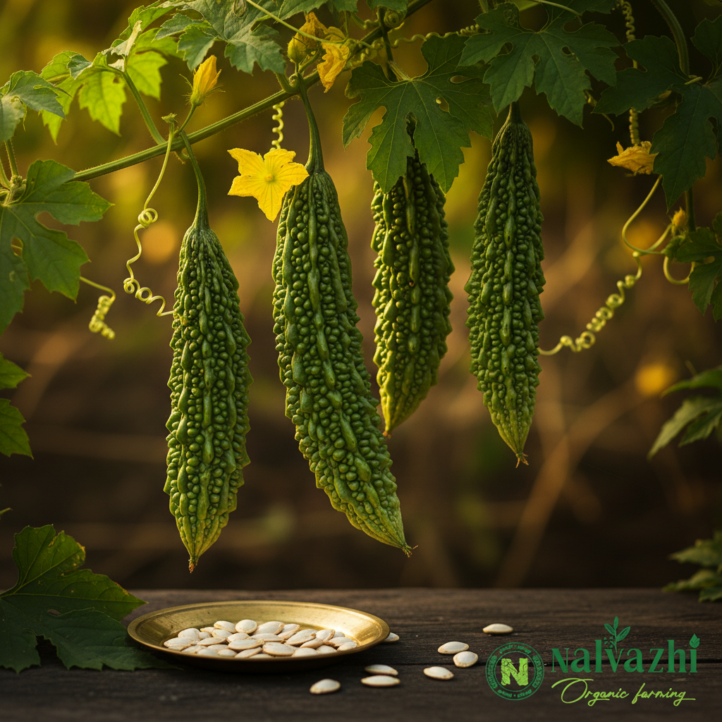 Bitter Gourd (Pavakkai) long ridged warty green fruits on vine with yellow flowers and flat cream seeds in brass plate — Nalvazhi Organic native seeds