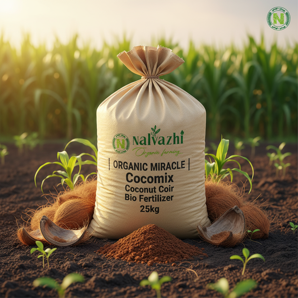 Nalvazhi Organic Miracle Cocomix 25kg sack on farm soil with green crops background