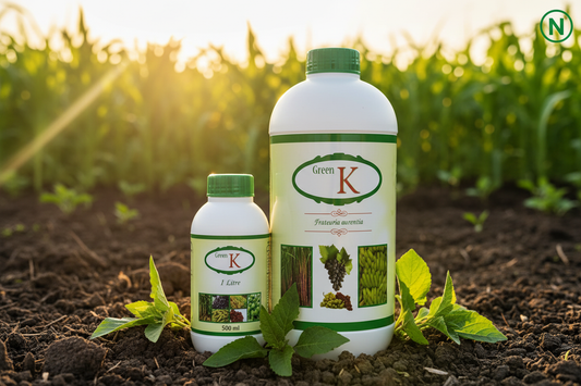 Nalvazhi Green K Bio Fertilizer 500ml and 1 Litre bottles together in farm field