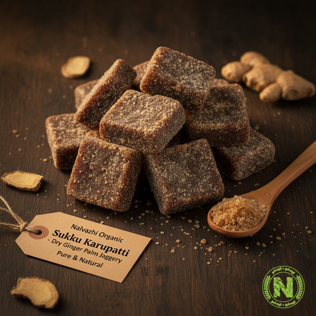 Nalvazhi Organic Sukku Karupatti dark brownish grey square chunks with powdery crystalline surface on dark wooden surface