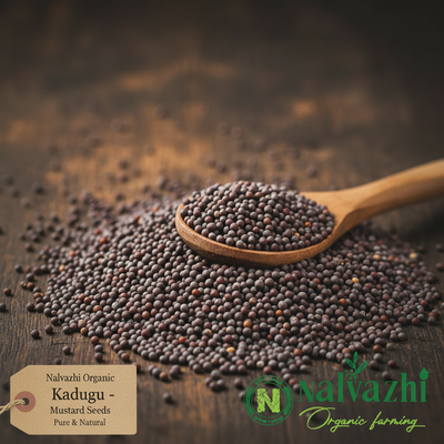 Nalvazhi Organic Kadugu Black Mustard Seeds close-up macro shot on dark wooden surface
