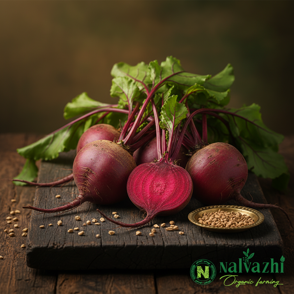 Beetroot fresh deep crimson-purple with green leafy tops, cut open showing magenta flesh with concentric rings and cream-brown seeds in brass plate — Nalvazhi Organic native seeds