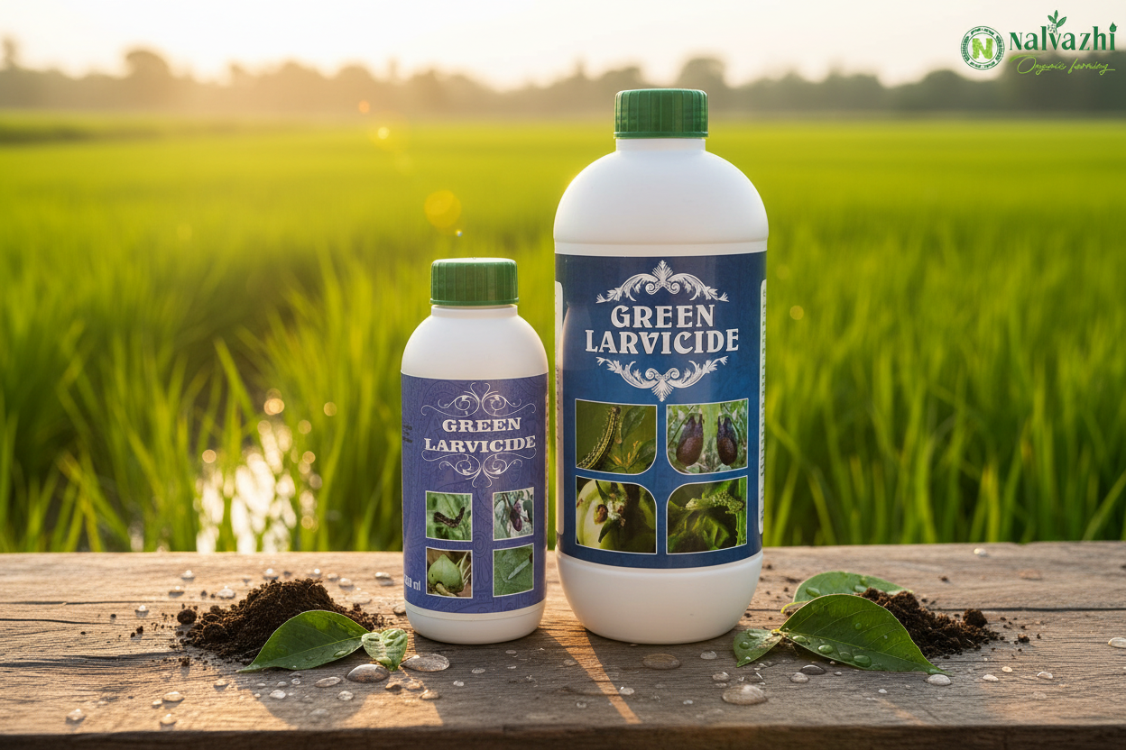 Nalvazhi Green Larvicide 500ml and 1 Litre bottles - Farm background