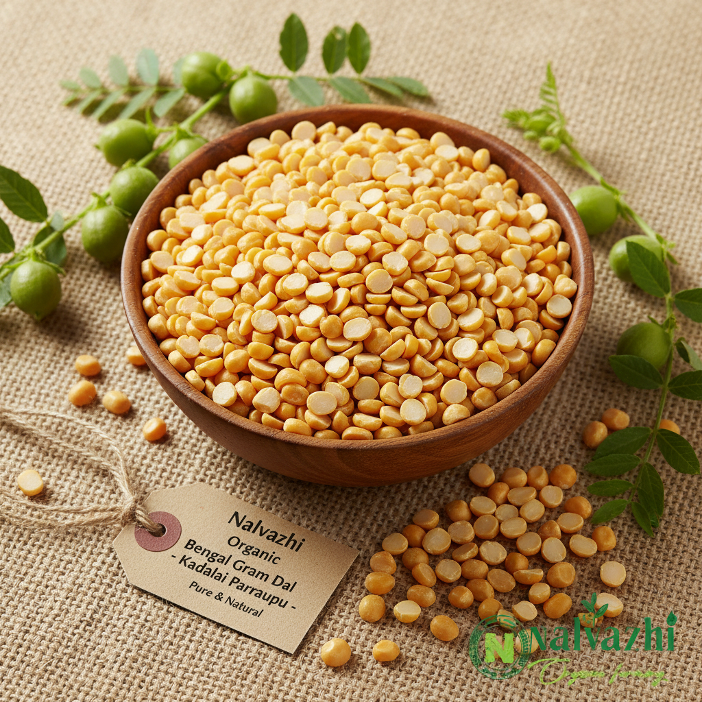 Nalvazhi Organic Bengal Gram Dal Kadalai Paruppu in wooden bowl on jute background