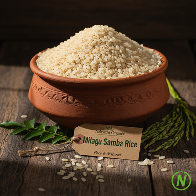 Milagu Samba rice in traditional terracotta bowl with Nalvazhi tag