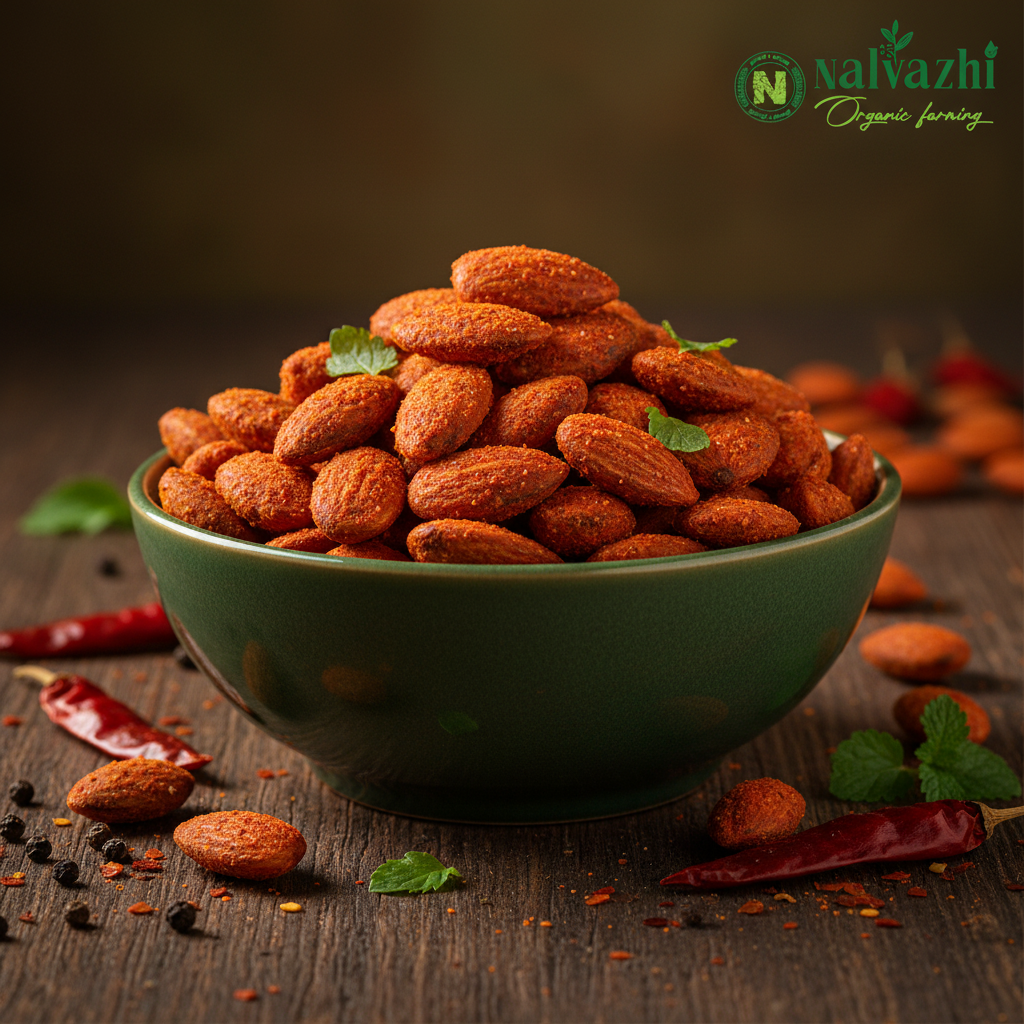 Hot and spicy seasoned almonds with chillies and Nalvazhi Organic Farming logo
