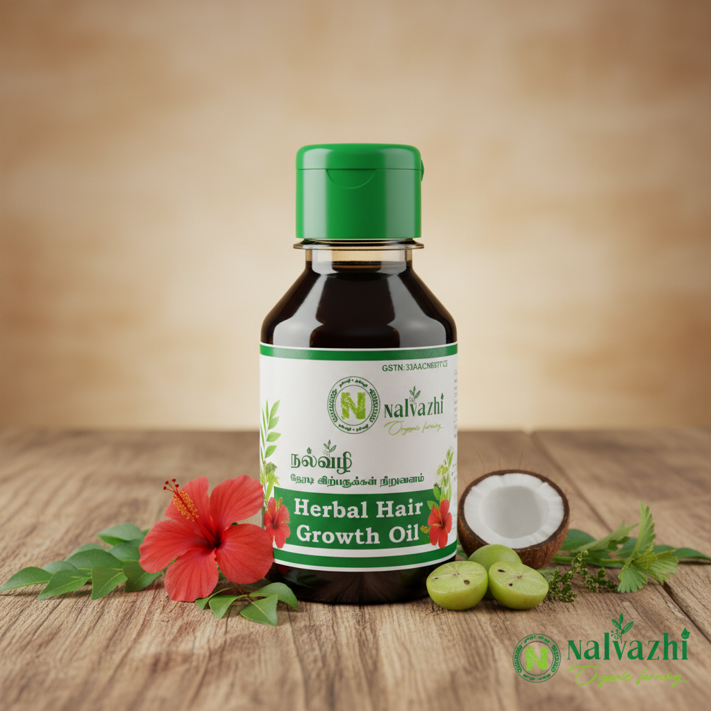 Nalvazhi Herbal Hair Growth Oil bottle with curry leaves hibiscus and amla