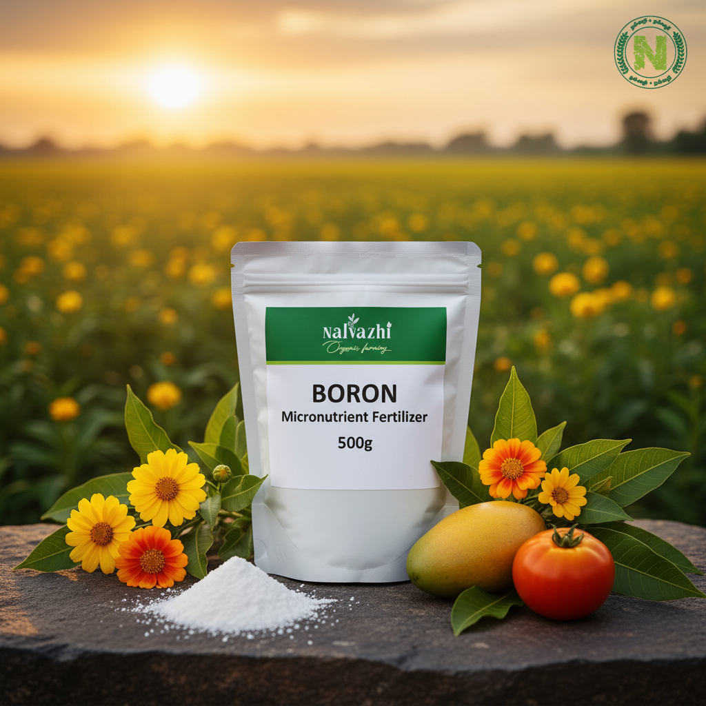 Nalvazhi Boron Micronutrient Fertilizer 500g bag with flowering plants and farm background