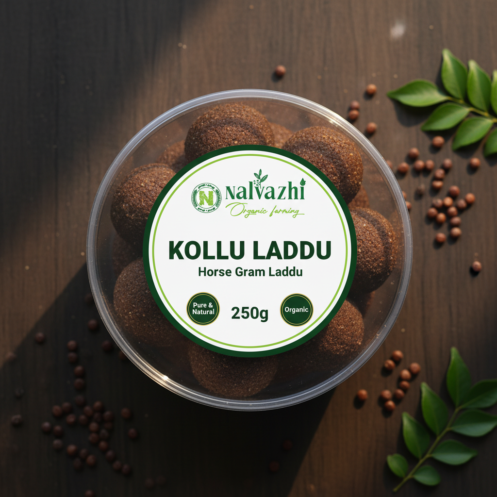 Nalvazhi Organic Kollu Laddu 250gm transparent round box with white label