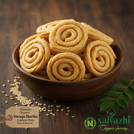 Nalvazhi Organic Varagu Murukku thick rope coiled rose spiral kodo millet murukku in dark wooden bowl