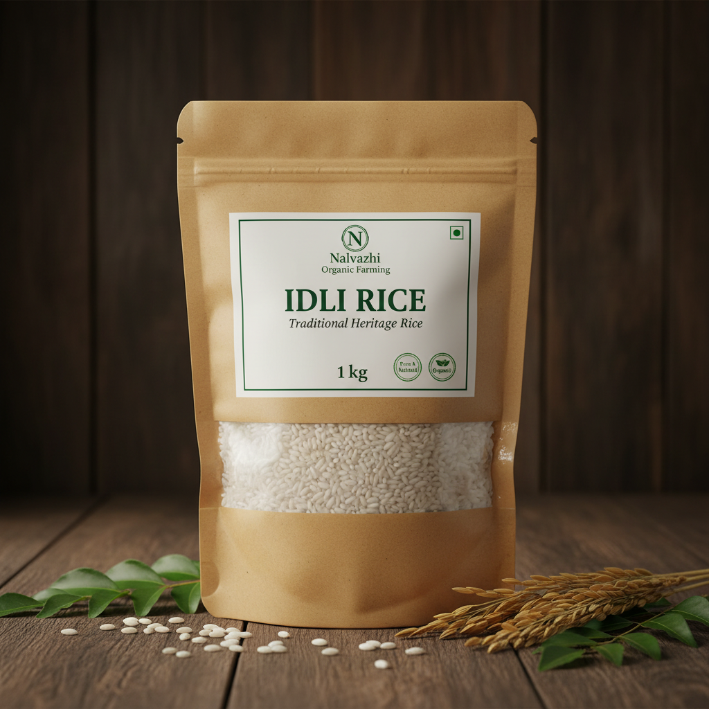 Idli Rice 1kg kraft paper pouch with Nalvazhi label