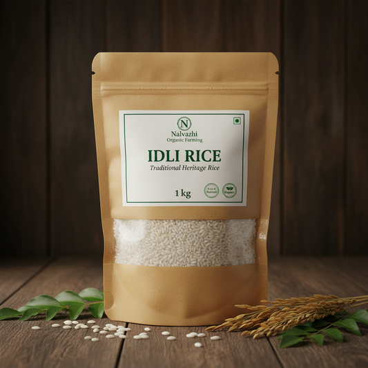 Idli Rice 1kg kraft paper pouch with Nalvazhi label