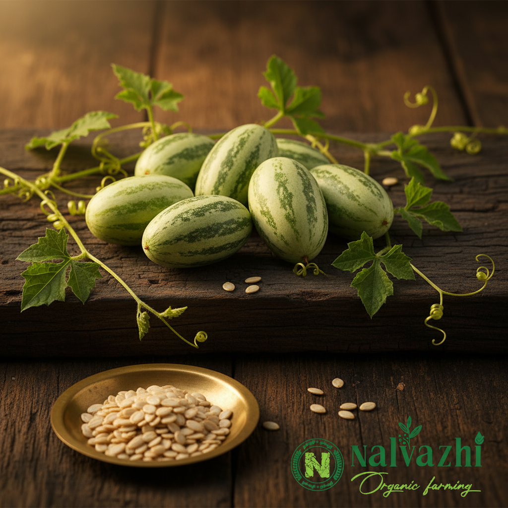 Thambatai Kai tiny oval pale green fruits with dark green stripes on vine with cream seeds in brass plate — Nalvazhi Organic native seeds