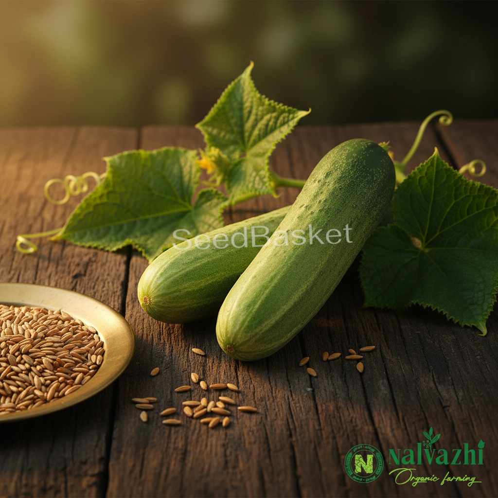 Indian Cucumber (Vellarikai) short plump light green with white stripes and tiny tan-brown seeds in brass plate — Nalvazhi Organic native seeds