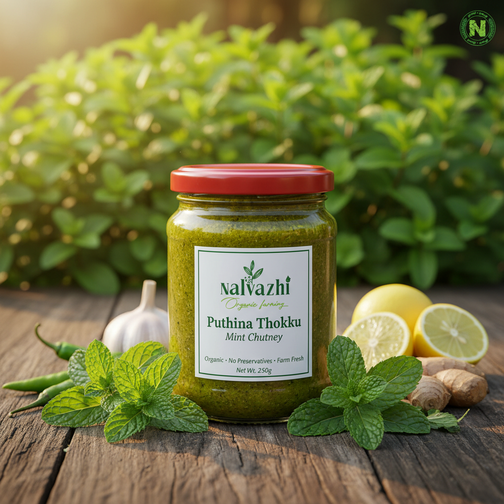 Nalvazhi Puthina Thokku jar with fresh mint sprigs and Nalvazhi label