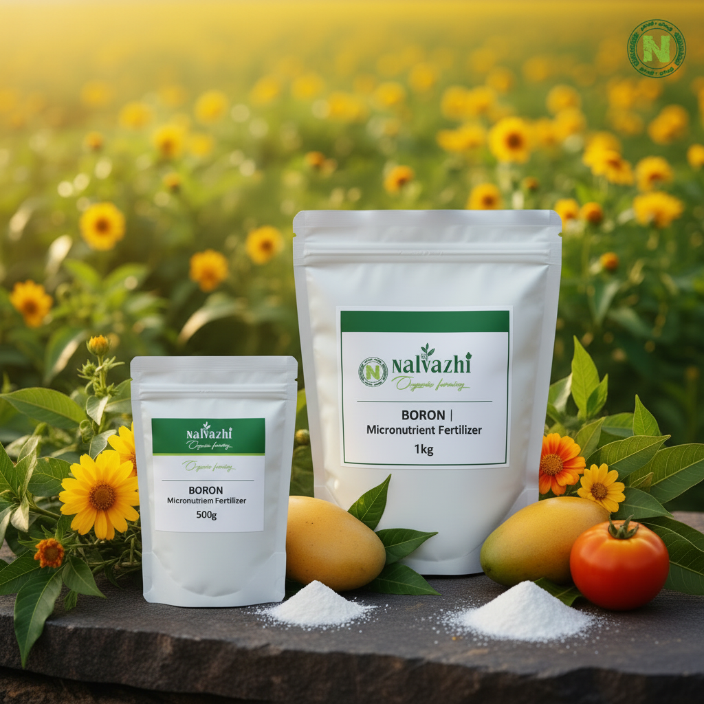 Nalvazhi Boron Micronutrient Fertilizer - 500g and 1kg bags combined with flowering plants and farm background