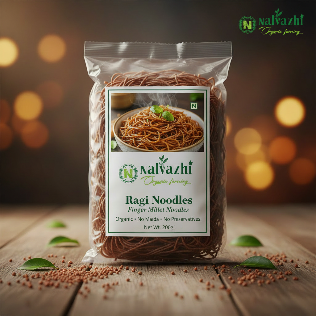 Ragi Finger Millet Noodles in clear packet with Nalvazhi branded sticker