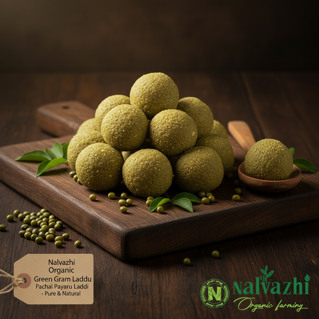 Nalvazhi Organic Green Gram Laddu product card with kraft paper tag and Nalvazhi logo on dark wooden background