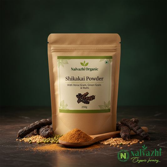 Nalvazhi Organic Shikakai Powder 250g kraft packet with brown powder, shikakai pods, horse gram, green gram and methi