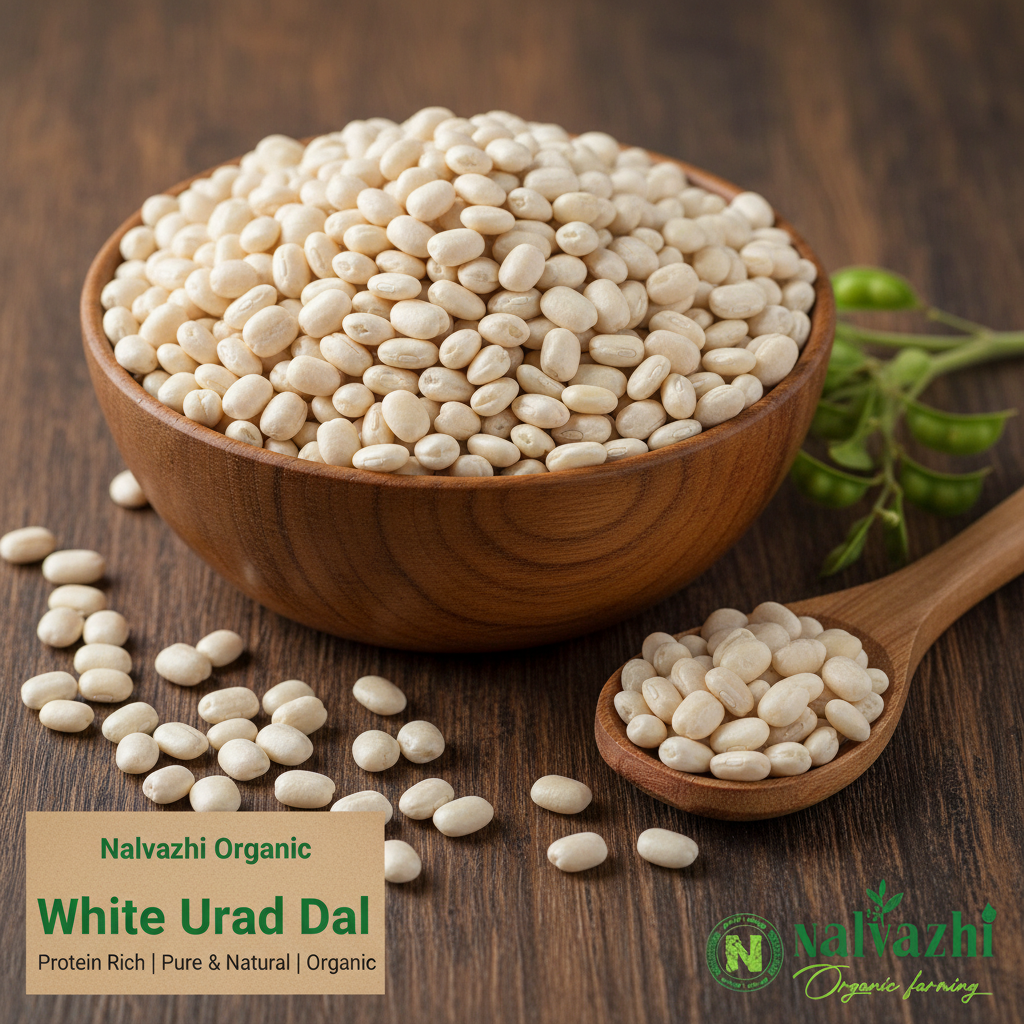White Urad Dal in Wooden Bowl - Nalvazhi Organic