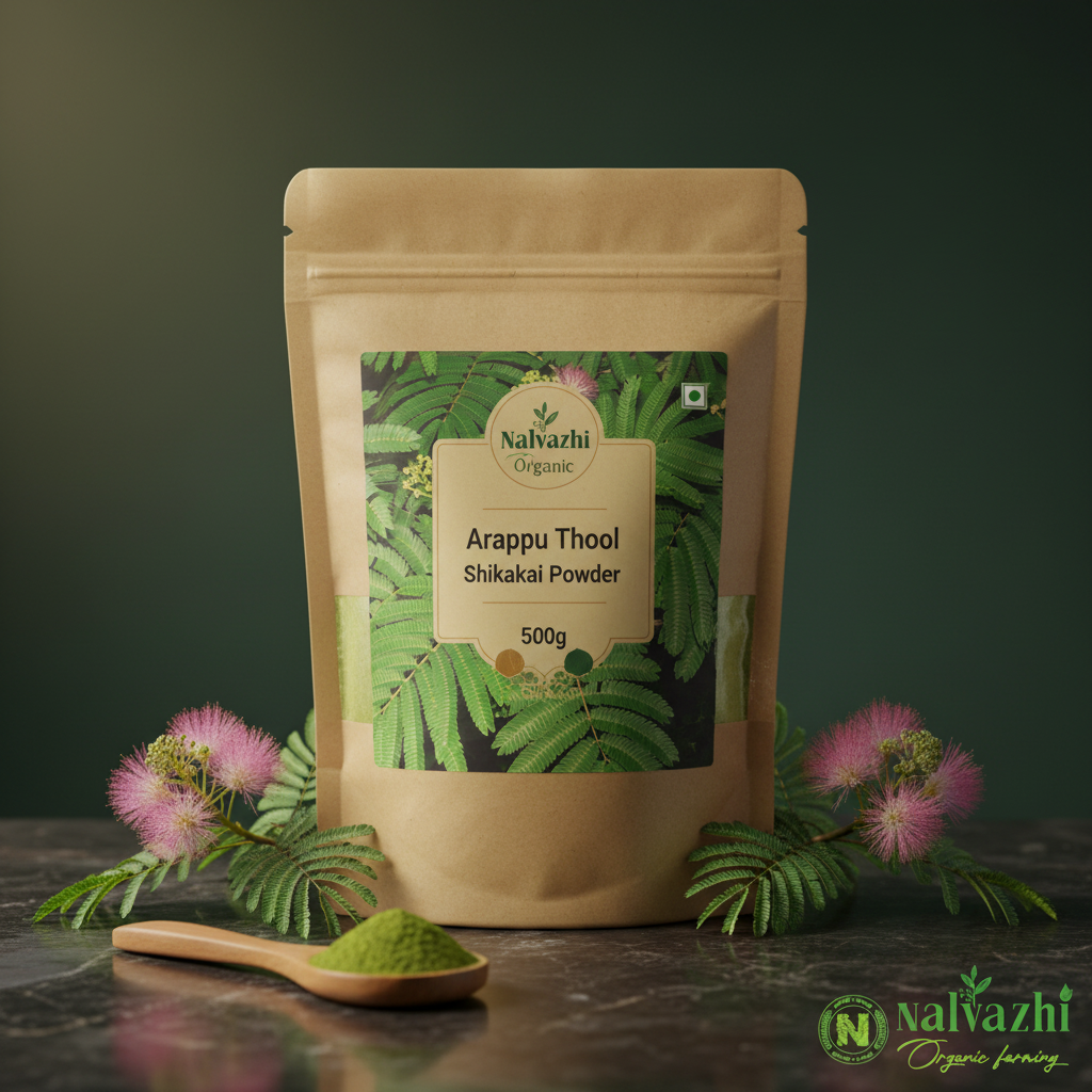 Nalvazhi Organic Arappu Thool Shikakai Powder 500g large kraft packet with plant and green powder