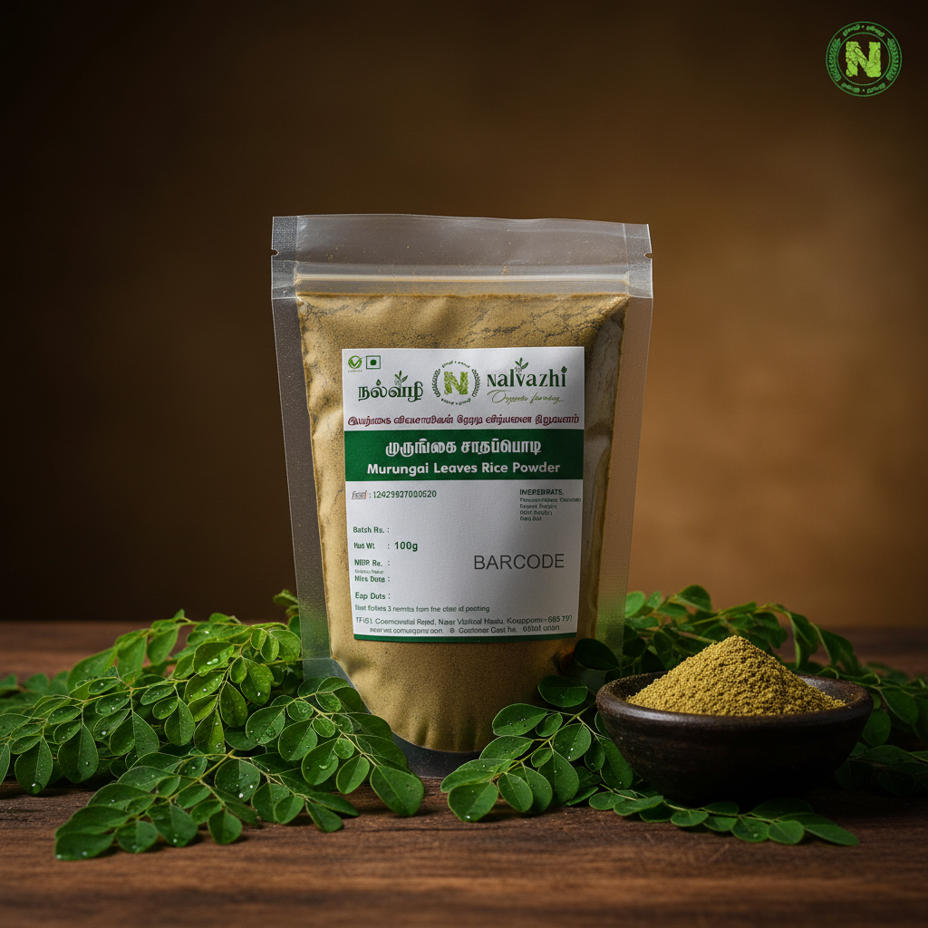 Nalvazhi Murungai Leaves Rice Powder packet on rustic dark wooden surface with fresh moringa leaves and clay bowl