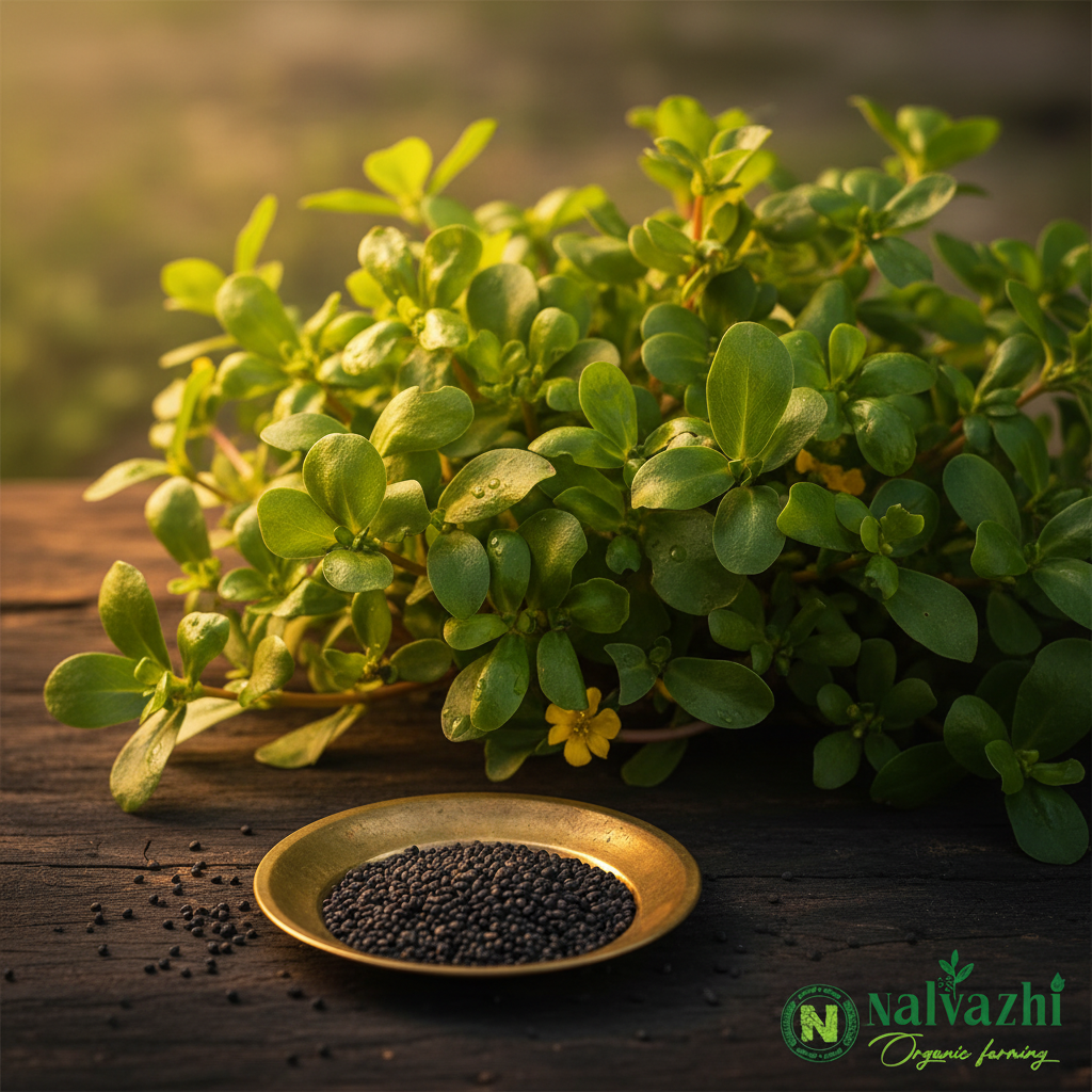 Paruppu Keerai (Purslane) thick glossy rounded oval leaves with tiny yellow flowers and tiny black seeds in brass plate — Nalvazhi Organic native seeds