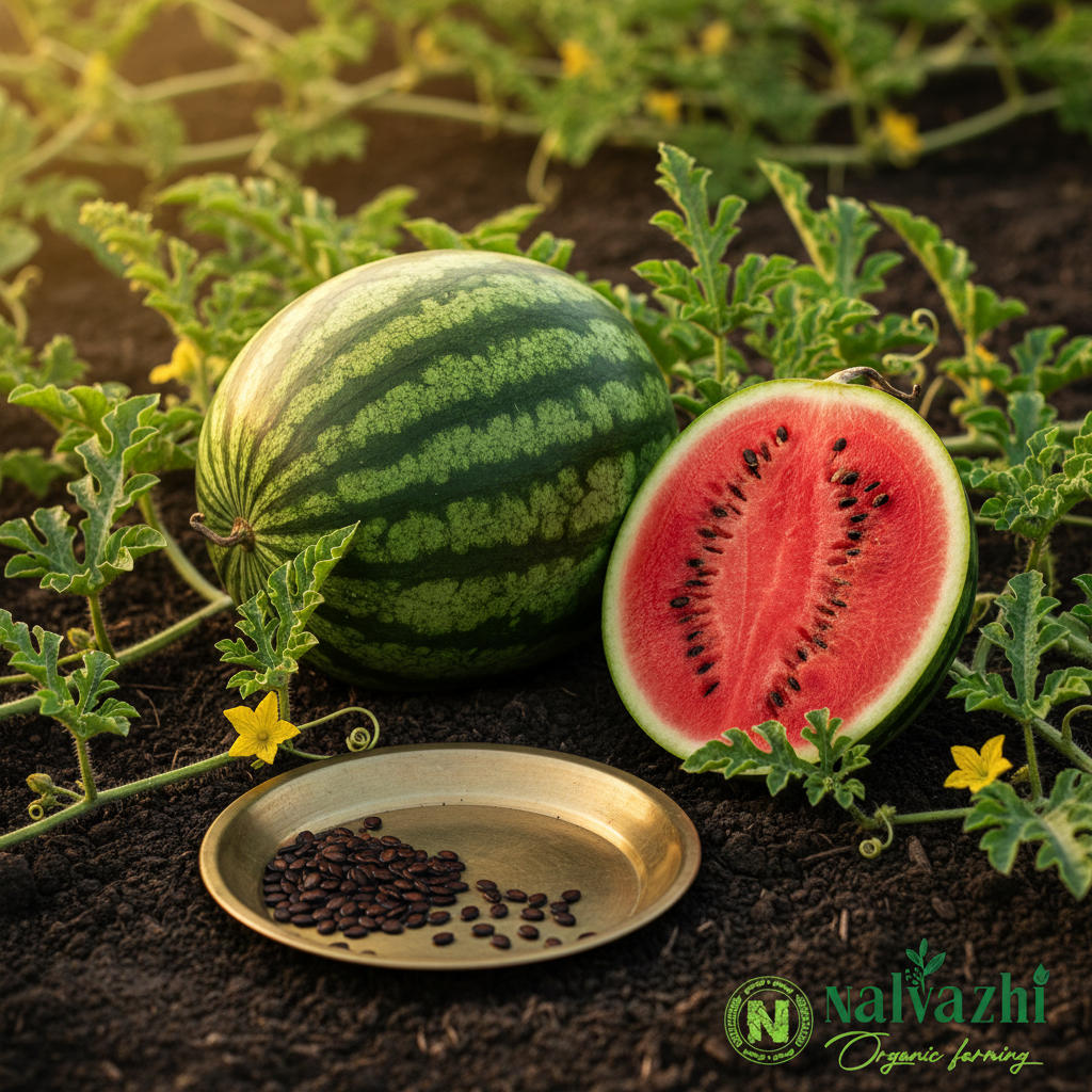 Watermelon (Tharboosani) cinematic farm shot with sliced red flesh and black seeds in brass plate — Nalvazhi Organic native seeds