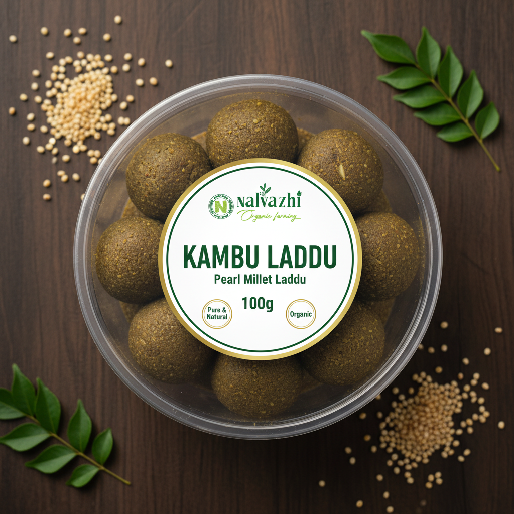 Nalvazhi Organic Kambu Laddu 100gm transparent round box with white label