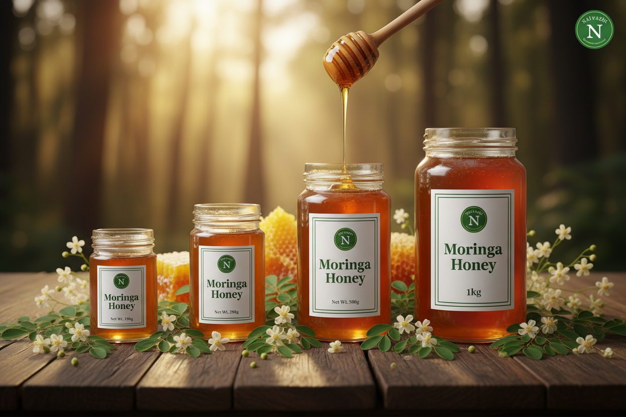 Nalvazhi Moringa Honey all 4 sizes 100g 250g 500g 1kg jars with moringa leaves and cream white flowers